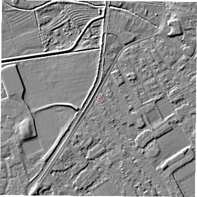 Shaded relief map of the ground around NG101DA, computed from Environment Agency LiDAR. The ground here sits at about 29 m above sea level and falls 5 m across the surrounding 800 m. Surface water reaching this point runs off ground lying to the south-south-east, 0.9 m higher.
