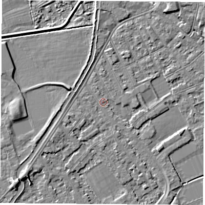Shaded relief map of the ground around NG101DB, computed from Environment Agency LiDAR. The ground here sits at about 30 m above sea level and falls 6 m across the surrounding 800 m. Surface water reaching this point runs off ground lying to the south-south-east, 1.3 m higher.