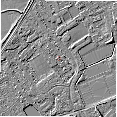 Shaded relief map of the ground around NG101DD, computed from Environment Agency LiDAR. The ground here sits at about 29 m above sea level and falls 5 m across the surrounding 800 m. Surface water reaching this point runs off ground lying to the west-north-west, 2.7 m higher.