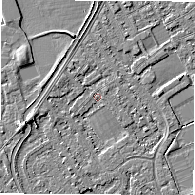 Shaded relief map of the ground around NG101DE, computed from Environment Agency LiDAR. The ground here sits at about 29 m above sea level and falls 6 m across the surrounding 800 m. Surface water reaching this point runs off ground lying to the west-south-west, 3.4 m higher.