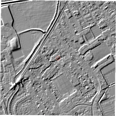 Shaded relief map of the ground around NG101DF, computed from Environment Agency LiDAR. The ground here sits at about 30 m above sea level and falls 6 m across the surrounding 800 m. Surface water reaching this point runs off ground lying to the north-west, 1.5 m higher.