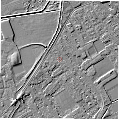 Shaded relief map of the ground around NG101DG, computed from Environment Agency LiDAR. The ground here sits at about 29 m above sea level and falls 6 m across the surrounding 800 m. Surface water reaching this point runs off ground lying to the west-south-west, 1.1 m higher.