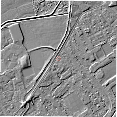 Shaded relief map of the ground around NG101DH, computed from Environment Agency LiDAR. The ground here sits at about 30 m above sea level and falls 5 m across the surrounding 800 m. Surface water reaching this point runs off ground lying to the south-south-west, 1.1 m higher.