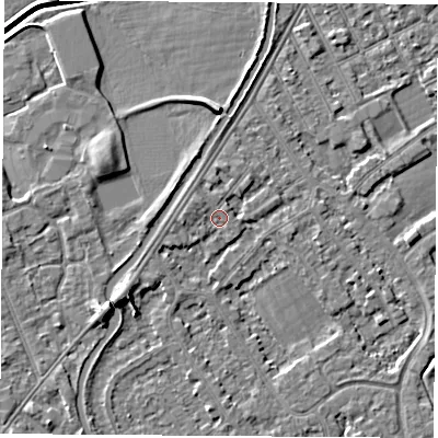 Shaded relief map of the ground around NG101DJ, computed from Environment Agency LiDAR. The ground here sits at about 30 m above sea level and falls 5 m across the surrounding 800 m. Surface water reaching this point runs off ground lying to the west, 1.1 m higher.