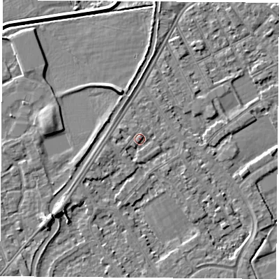 Shaded relief map of the ground around NG101DL, computed from Environment Agency LiDAR. The ground here sits at about 30 m above sea level and falls 5 m across the surrounding 800 m. Surface water reaching this point runs off ground lying to the west-north-west, 1.4 m higher.