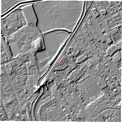 Shaded relief map of the ground around NG101DN, computed from Environment Agency LiDAR. The ground here sits at about 30 m above sea level and falls 5 m across the surrounding 800 m. Surface water reaching this point runs off ground lying to the west-north-west, 0.7 m higher.