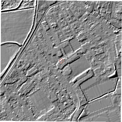 Shaded relief map of the ground around NG101DP, computed from Environment Agency LiDAR. The ground here sits at about 29 m above sea level and falls 5 m across the surrounding 800 m. Surface water reaching this point runs off ground lying to the south-west, 1.3 m higher.
