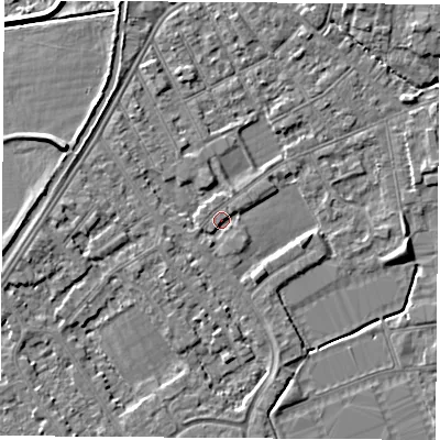 Shaded relief map of the ground around NG101DQ, computed from Environment Agency LiDAR. The ground here sits at about 29 m above sea level and falls 5 m across the surrounding 800 m. Surface water reaching this point runs off ground lying to the south-south-west, 1.2 m higher.