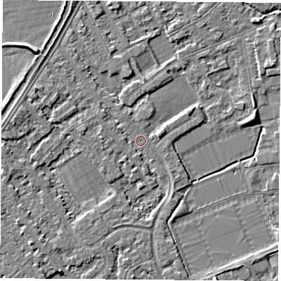 Shaded relief map of the ground around NG101DR, computed from Environment Agency LiDAR. The ground here sits at about 29 m above sea level and falls 5 m across the surrounding 800 m. Surface water reaching this point runs off ground lying to the west, 2.7 m higher.