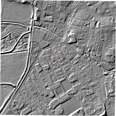 Shaded relief map of the ground around NG101DS, computed from Environment Agency LiDAR. The ground here sits at about 29 m above sea level and falls 5 m across the surrounding 800 m. Surface water reaching this point runs off ground lying to the north, 4.0 m higher.