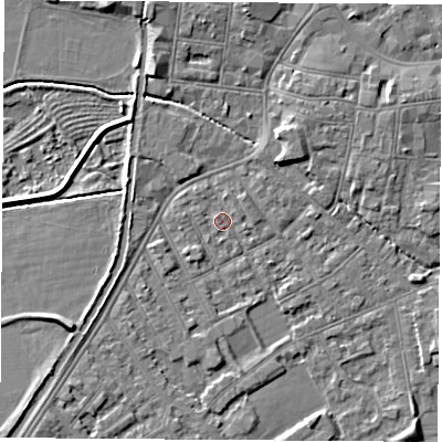 Shaded relief map of the ground around NG101DT, computed from Environment Agency LiDAR. The ground here sits at about 29 m above sea level and falls 5 m across the surrounding 800 m. Surface water reaching this point runs off ground lying to the north, 4.0 m higher.