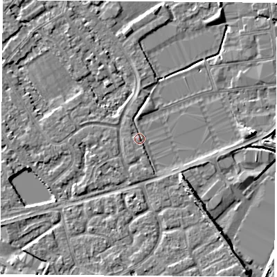Shaded relief map of the ground around NG101DU, computed from Environment Agency LiDAR. The ground here sits at about 29 m above sea level and falls 6 m across the surrounding 800 m. Surface water reaching this point runs off ground lying to the south-south-east, 1.1 m higher.