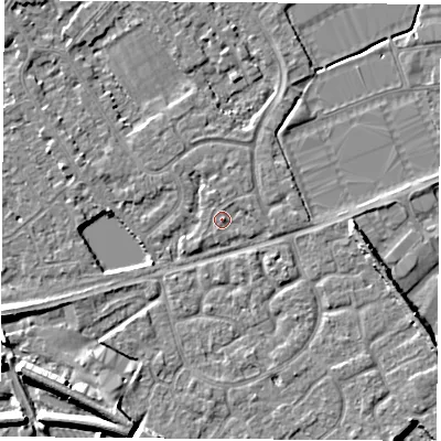 Shaded relief map of the ground around NG101DX, computed from Environment Agency LiDAR. The ground here sits at about 29 m above sea level and falls 7 m across the surrounding 800 m. Surface water reaching this point runs off ground lying to the south-west, 6.4 m higher.