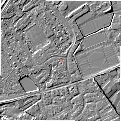 Shaded relief map of the ground around NG101DY, computed from Environment Agency LiDAR. The ground here sits at about 29 m above sea level and falls 7 m across the surrounding 800 m. Surface water reaching this point runs off ground lying to the west-north-west, 0.5 m higher.