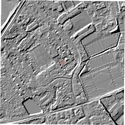Shaded relief map of the ground around NG101DZ, computed from Environment Agency LiDAR. The ground here sits at about 28 m above sea level and falls 5 m across the surrounding 800 m. Surface water reaching this point runs off ground lying to the south-east, 2.0 m higher.