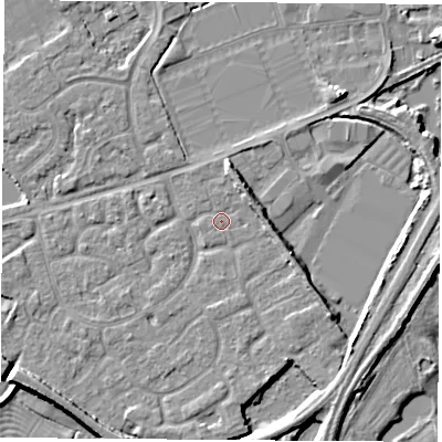 Shaded relief map of the ground around NG101EB, computed from Environment Agency LiDAR. The ground here sits at about 29 m above sea level and falls 8 m across the surrounding 800 m. Surface water reaching this point runs off ground lying to the north-north-east, 3.7 m higher.