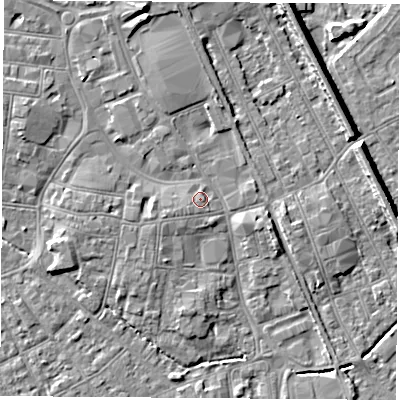 Shaded relief map of the ground around NG101ED, computed from Environment Agency LiDAR. The ground here sits at about 30 m above sea level and falls 8 m across the surrounding 800 m. Surface water reaching this point runs off ground lying to the south-west, 1.3 m higher.