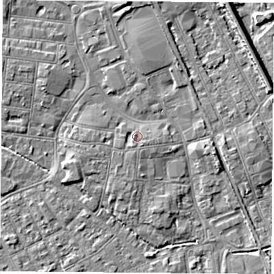Shaded relief map of the ground around NG101EE, computed from Environment Agency LiDAR. The ground here sits at about 30 m above sea level and falls 8 m across the surrounding 800 m. Surface water reaching this point runs off ground lying to the south-east, 1.1 m higher.