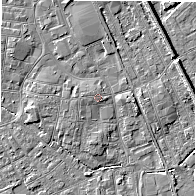 Shaded relief map of the ground around NG101EG, computed from Environment Agency LiDAR. The ground here sits at about 30 m above sea level and falls 8 m across the surrounding 800 m. Surface water reaching this point runs off ground lying to the west, 0.9 m higher.