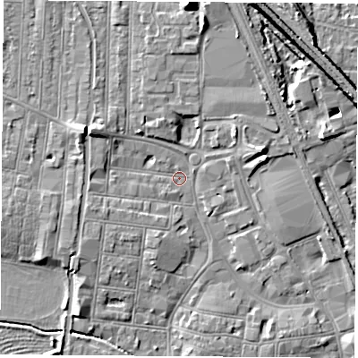 Shaded relief map of the ground around NG101EH, computed from Environment Agency LiDAR. The ground here sits at about 30 m above sea level and falls 13 m across the surrounding 800 m. Surface water reaching this point runs off ground lying to the west-north-west, 5.2 m higher.