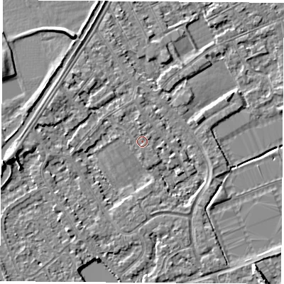 Shaded relief map of the ground around NG101EJ, computed from Environment Agency LiDAR. The ground here sits at about 29 m above sea level and falls 6 m across the surrounding 800 m. Surface water reaching this point runs off ground lying to the west, 3.4 m higher.