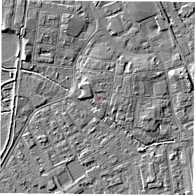 Shaded relief map of the ground around NG101EL, computed from Environment Agency LiDAR. The ground here sits at about 30 m above sea level and falls 5 m across the surrounding 800 m. Surface water reaching this point runs off ground lying to the north-north-east, 1.1 m higher.