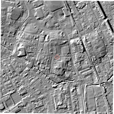 Shaded relief map of the ground around NG101EQ, computed from Environment Agency LiDAR. The ground here sits at about 30 m above sea level and falls 8 m across the surrounding 800 m. Surface water reaching this point runs off ground lying to the north-west, 1.5 m higher.
