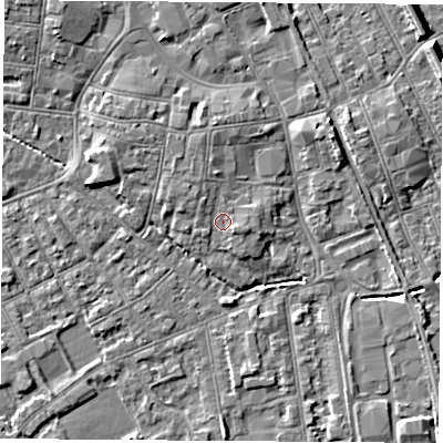 Shaded relief map of the ground around NG101ER, computed from Environment Agency LiDAR. The ground here sits at about 30 m above sea level and falls 8 m across the surrounding 800 m. Surface water reaching this point runs off ground lying to the north-north-west, 1.6 m higher.