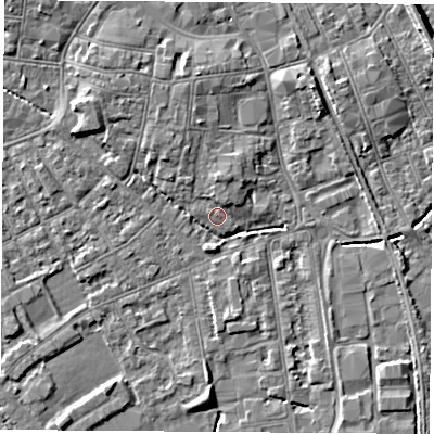 Shaded relief map of the ground around NG101ES, computed from Environment Agency LiDAR. The ground here sits at about 29 m above sea level and falls 7 m across the surrounding 800 m. Surface water reaching this point runs off ground lying to the west-north-west, 3.9 m higher.