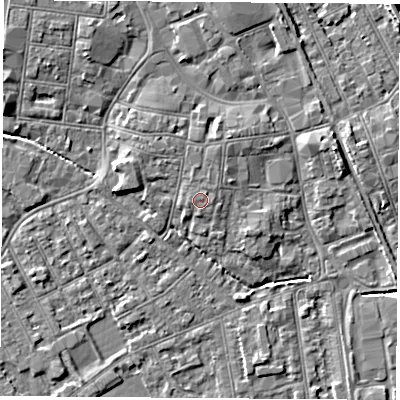 Shaded relief map of the ground around NG101EW, computed from Environment Agency LiDAR. The ground here sits at about 31 m above sea level and falls 8 m across the surrounding 800 m. The ground contributing surface water to this point lies to the east.