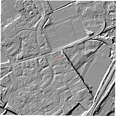 Shaded relief map of the ground around NG101EX, computed from Environment Agency LiDAR. The ground here sits at about 29 m above sea level and falls 7 m across the surrounding 800 m. Surface water reaching this point runs off ground lying to the east, 3.4 m higher.
