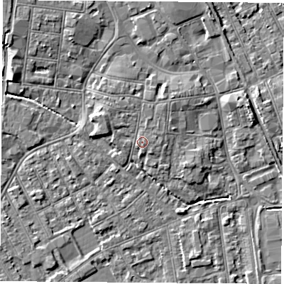 Shaded relief map of the ground around NG101EY, computed from Environment Agency LiDAR. The ground here sits at about 30 m above sea level and falls 5 m across the surrounding 800 m. Surface water reaching this point runs off ground lying to the north-north-west, 1.2 m higher.