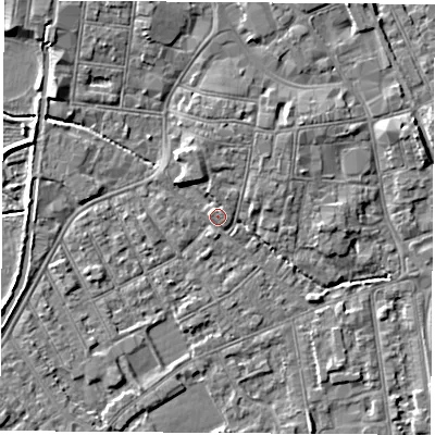 Shaded relief map of the ground around NG101FD, computed from Environment Agency LiDAR. The ground here sits at about 29 m above sea level and falls 5 m across the surrounding 800 m. Surface water reaching this point runs off ground lying to the north-north-west, 4.1 m higher.
