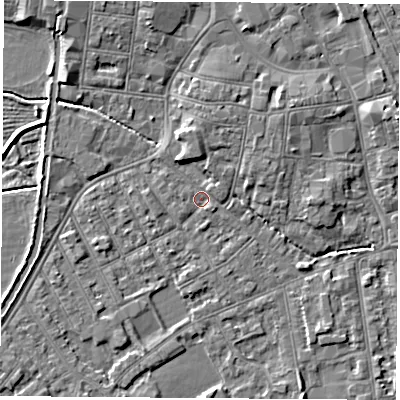 Shaded relief map of the ground around NG101FE, computed from Environment Agency LiDAR. The ground here sits at about 29 m above sea level and falls 5 m across the surrounding 800 m. Surface water reaching this point runs off ground lying to the north-north-west, 4.0 m higher.