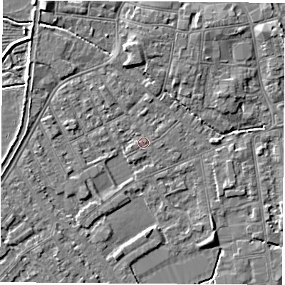 Shaded relief map of the ground around NG101FF, computed from Environment Agency LiDAR. The ground here sits at about 29 m above sea level and falls 5 m across the surrounding 800 m. Surface water reaching this point runs off ground lying to the south-south-west, 0.8 m higher.