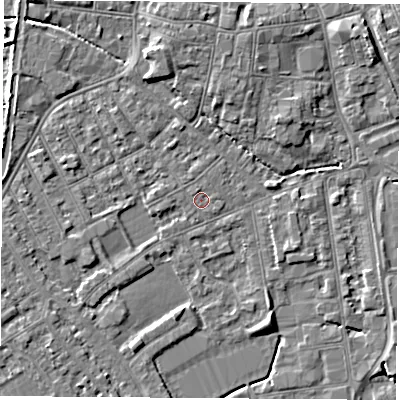Shaded relief map of the ground around NG101FG, computed from Environment Agency LiDAR. The ground here sits at about 29 m above sea level and falls 5 m across the surrounding 800 m. Surface water reaching this point runs off ground lying to the west, 0.5 m higher.