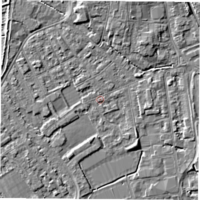 Shaded relief map of the ground around NG101FH, computed from Environment Agency LiDAR. The ground here sits at about 29 m above sea level and falls 5 m across the surrounding 800 m. Surface water reaching this point runs off ground lying to the west-north-west, 1.6 m higher.