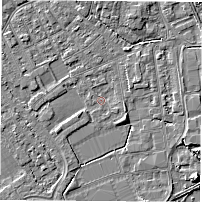 Shaded relief map of the ground around NG101FJ, computed from Environment Agency LiDAR. The ground here sits at about 29 m above sea level and falls 8 m across the surrounding 800 m. Surface water reaching this point runs off ground lying to the south-west, 2.6 m higher.