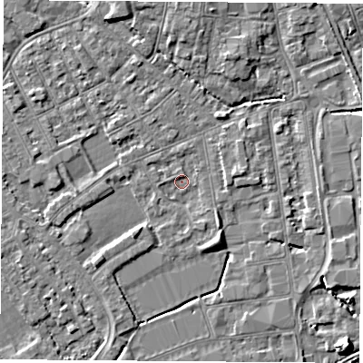 Shaded relief map of the ground around NG101FL, computed from Environment Agency LiDAR. The ground here sits at about 28 m above sea level and falls 8 m across the surrounding 800 m. Surface water reaching this point runs off ground lying to the south-east, 1.9 m higher.
