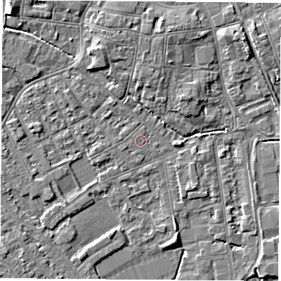 Shaded relief map of the ground around NG101FN, computed from Environment Agency LiDAR. The ground here sits at about 29 m above sea level and falls 5 m across the surrounding 800 m. Surface water reaching this point runs off ground lying to the west, 2.6 m higher.