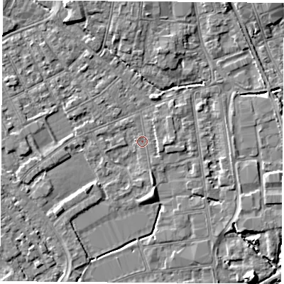 Shaded relief map of the ground around NG101FP, computed from Environment Agency LiDAR. The ground here sits at about 28 m above sea level and falls 8 m across the surrounding 800 m. Surface water reaching this point runs off ground lying to the south-south-east, 1.9 m higher.