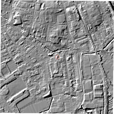 Shaded relief map of the ground around NG101FQ, computed from Environment Agency LiDAR. The ground here sits at about 29 m above sea level and falls 8 m across the surrounding 800 m. Surface water reaching this point runs off ground lying to the south, 2.4 m higher.