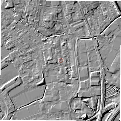 Shaded relief map of the ground around NG101FR, computed from Environment Agency LiDAR. The ground here sits at about 29 m above sea level and falls 8 m across the surrounding 800 m. Surface water reaching this point runs off ground lying to the north-west, 3.9 m higher.
