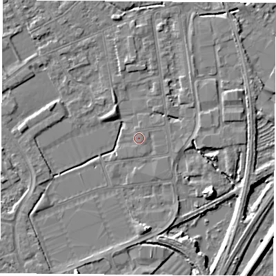 Shaded relief map of the ground around NG101FT, computed from Environment Agency LiDAR. The ground here sits at about 29 m above sea level and falls 8 m across the surrounding 800 m. Surface water reaching this point runs off ground lying to the south-east, 8.0 m higher.