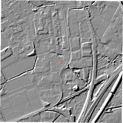 Shaded relief map of the ground around NG101FU, computed from Environment Agency LiDAR. The ground here sits at about 29 m above sea level and falls 8 m across the surrounding 800 m. Surface water reaching this point runs off ground lying to the south-south-east, 0.6 m higher.