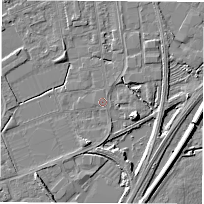 Shaded relief map of the ground around NG101FW, computed from Environment Agency LiDAR. The ground here sits at about 29 m above sea level and falls 8 m across the surrounding 800 m. Surface water reaching this point runs off ground lying to the east-south-east, 8.0 m higher.