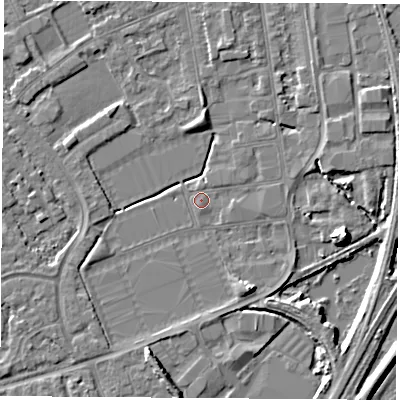 Shaded relief map of the ground around NG101FY, computed from Environment Agency LiDAR. The ground here sits at about 29 m above sea level and falls 8 m across the surrounding 800 m. Surface water reaching this point runs off ground lying to the east-south-east, 8.0 m higher.