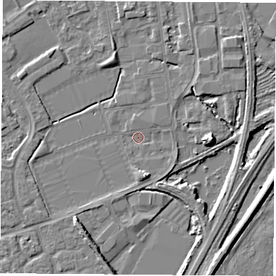 Shaded relief map of the ground around NG101FZ, computed from Environment Agency LiDAR. The ground here sits at about 29 m above sea level and falls 8 m across the surrounding 800 m. Surface water reaching this point runs off ground lying to the east, 8.0 m higher.