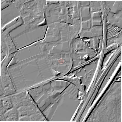 Shaded relief map of the ground around NG101GA, computed from Environment Agency LiDAR. The ground here sits at about 29 m above sea level and falls 8 m across the surrounding 800 m. Surface water reaching this point runs off ground lying to the south-south-west, 4.8 m higher.