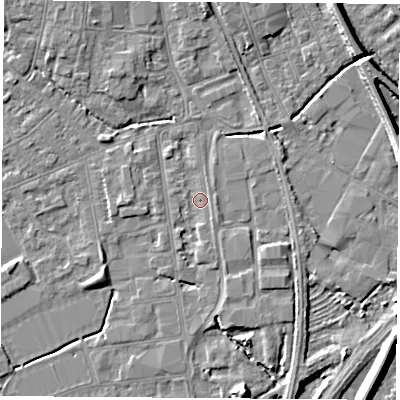 Shaded relief map of the ground around NG101GB, computed from Environment Agency LiDAR. The ground here sits at about 29 m above sea level and falls 8 m across the surrounding 800 m. Surface water reaching this point runs off ground lying to the south-south-east, 2.5 m higher.